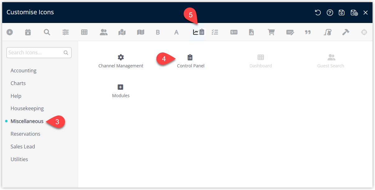 Customize Icons window in RMS displaying available toolbar sections and icons on one side and the current Toolbar Menu on the other, with icons being dragged into position and a Save/Exit button highlighted to save the customised toolbar layout.