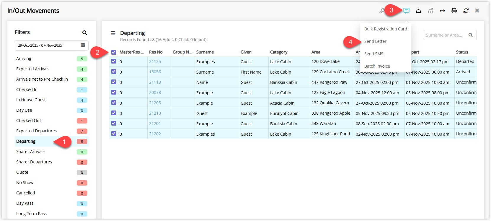 In/Out Movements screen in RMS with the View set to Departing, All Reservations checkbox ticked, and the Correspondence Options menu open showing the Send Letter option selected