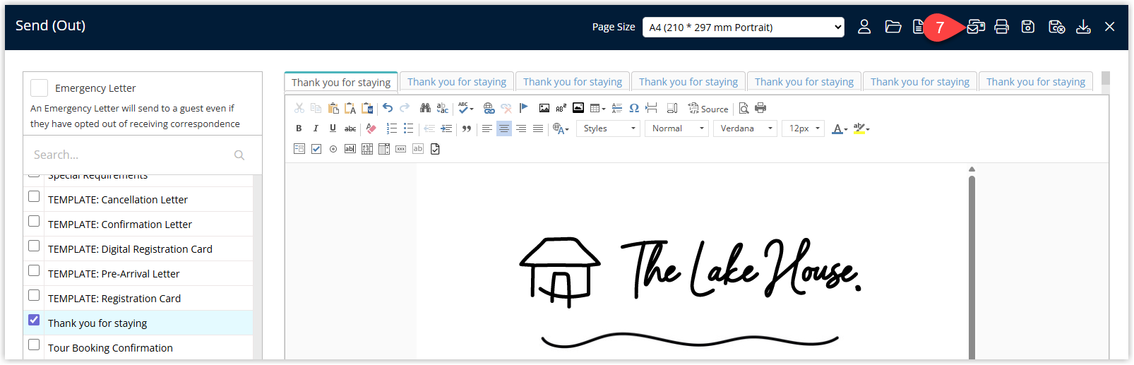 Bulk correspondence screen showing email content with buttons for Email and Email All, with Email All selected to send the message to every departing reservation in the list