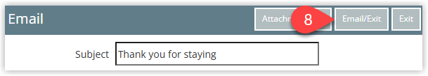 Bulk email window with the Email/Exit button highlighted to send messages to all selected departing reservations and close the correspondence screen
