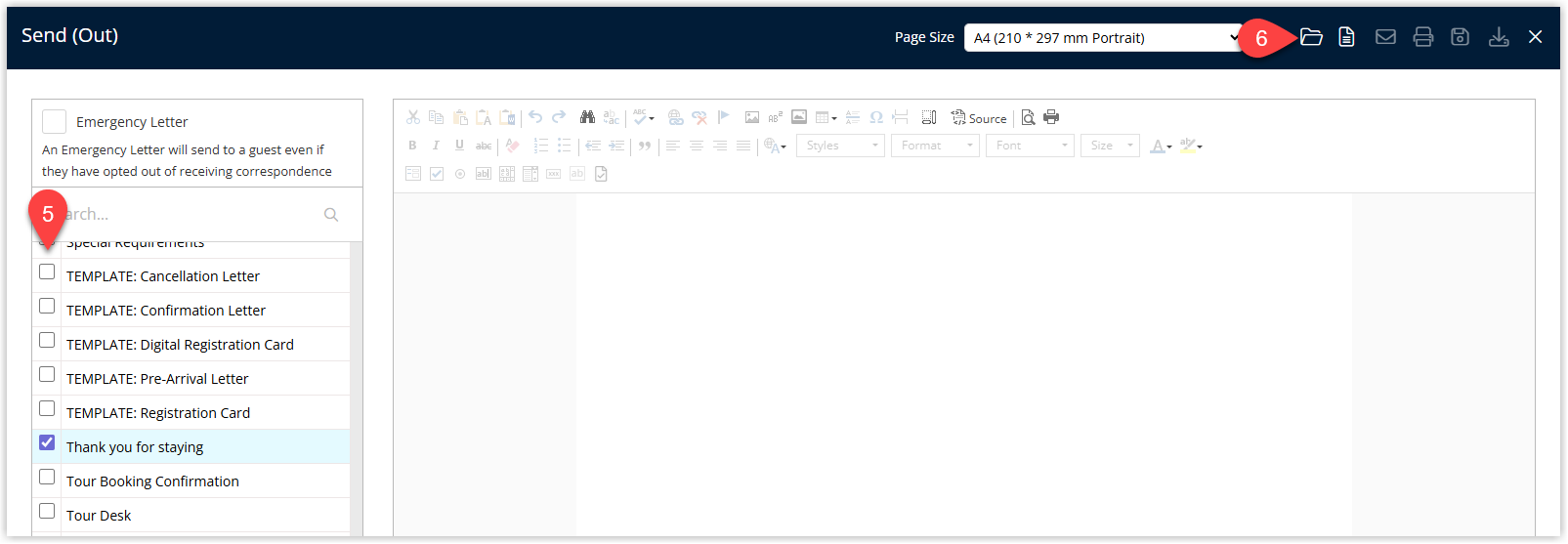 Send Letter dialog displaying a list or dropdown of Form Letters with one template highlighted and an Open button to proceed with emailing departing guests