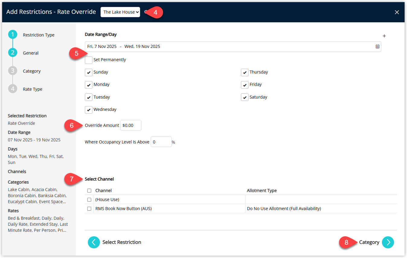 Rate Override configuration screen for property, rate type, and date range.