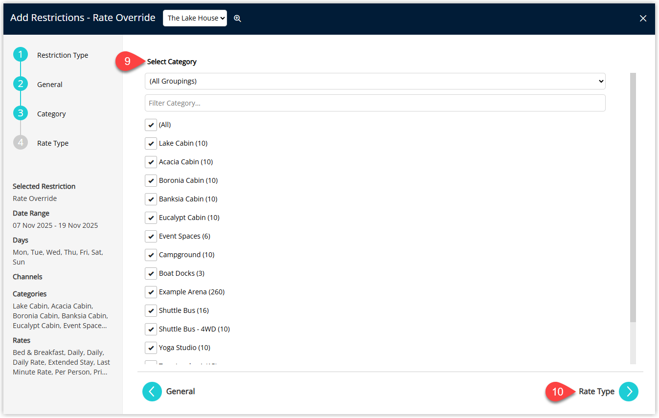Rate Override configuration showing rate amount and restriction settings.