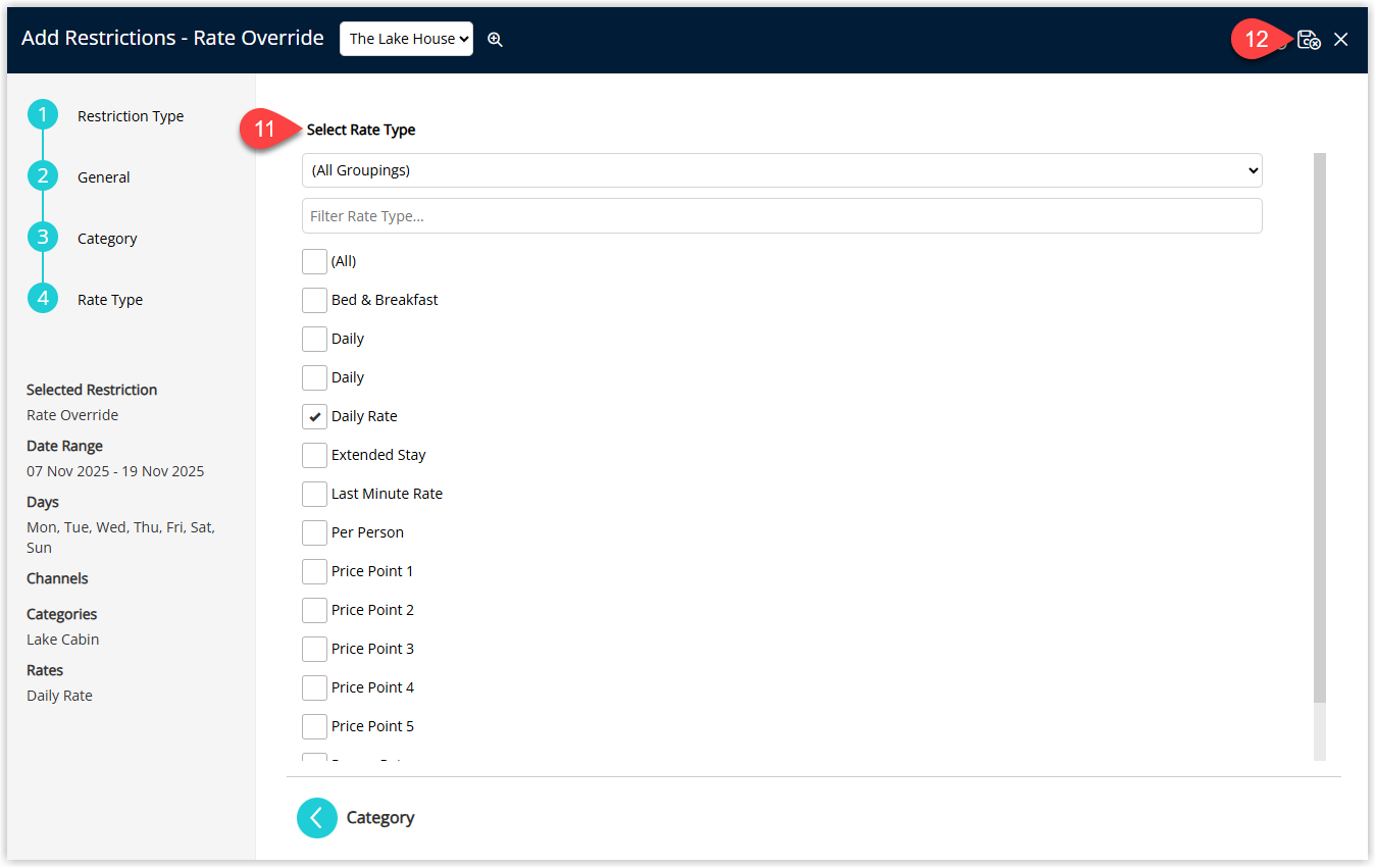 Final Rate Override summary screen with Save option.