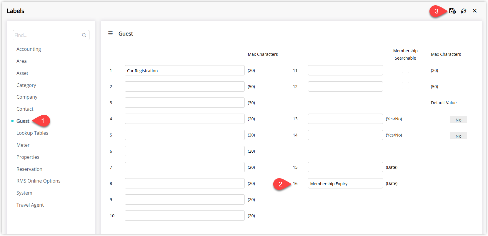 Annotated screenshot of the Labels setup screen in RMS with the Guest category selected and a custom field labelled Membership Expiry highlighted