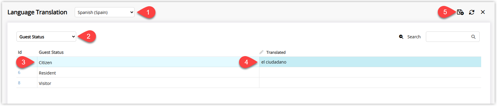 Screenshot of the Language Translation screen in RMS showing dropdowns for Language, Associated To and Field, with a text area containing the entered translation and the Save/Exit button to apply the language translation.