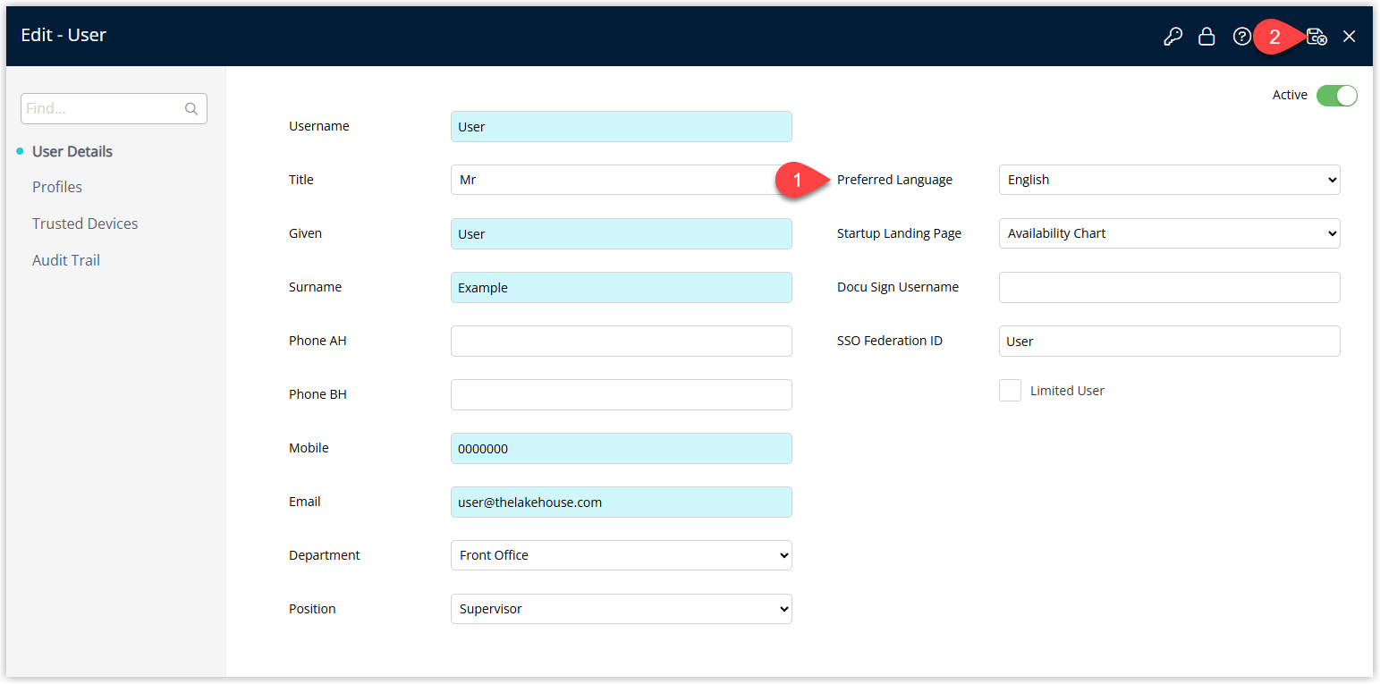RMS User Details window showing the Preferred Language dropdown set to a selected language with the Save/Exit button chosen to apply the user's language preference.