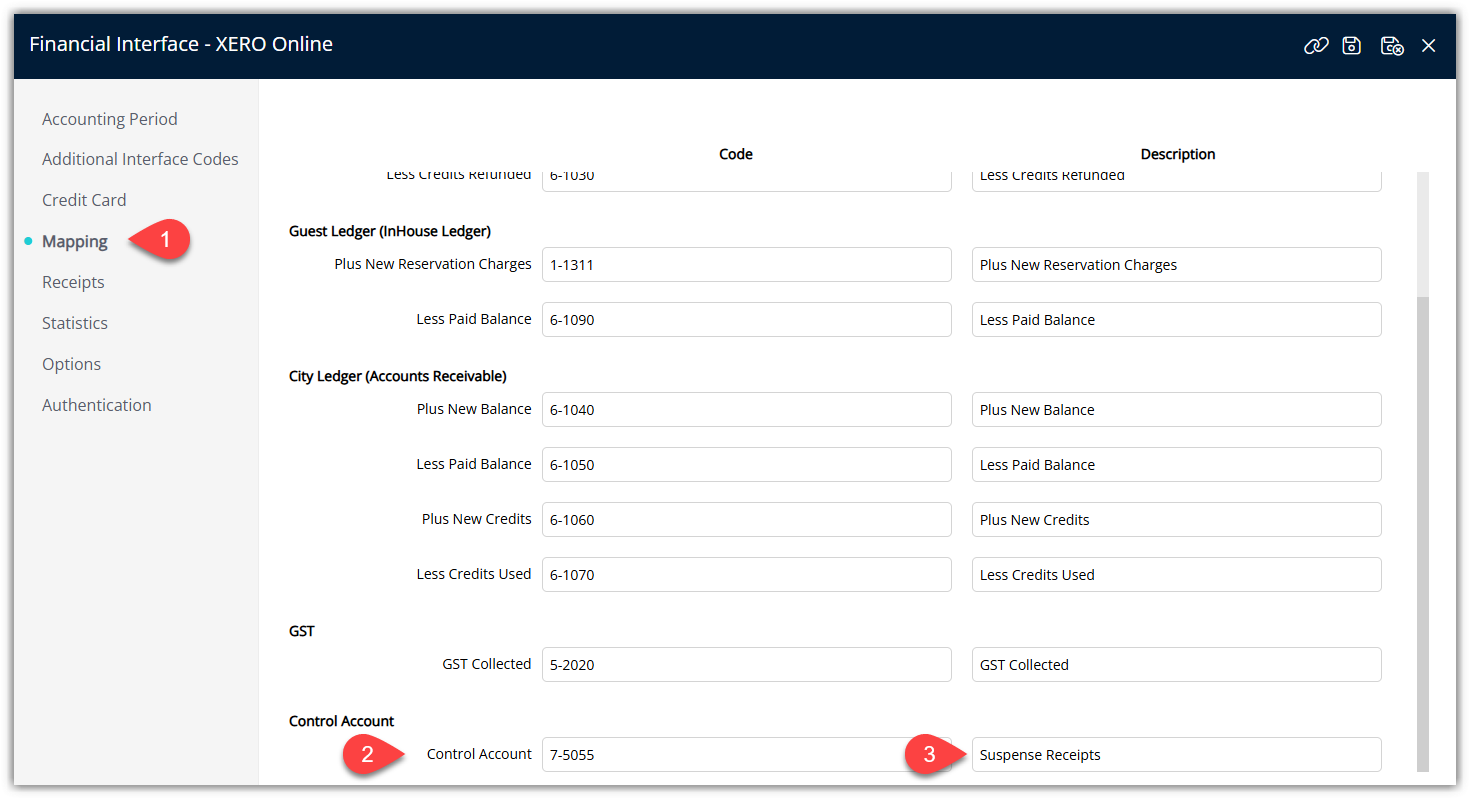 Annotated screenshot of the Financial Interface Mapping screen in RMS showing the Code and Description fields for the Guest Ledger, City Ledger, GST, and Control Account with the Mapping menu highlighted