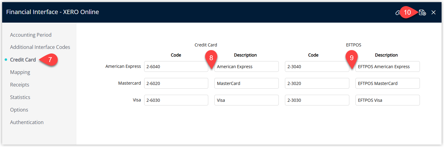 Annotated screenshot of the Financial Interface Credit Card screen in RMS showing the Code and Description fields for American Express, Mastercard, and Visa across the Credit Card and EFTPOS columns