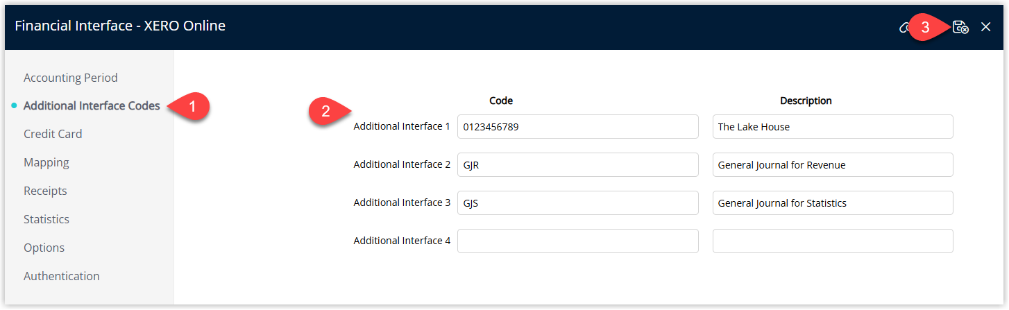 Annotated screenshot of the Financial Interface Additional Interface Codes screen in RMS with the Code and Description fields highlighted