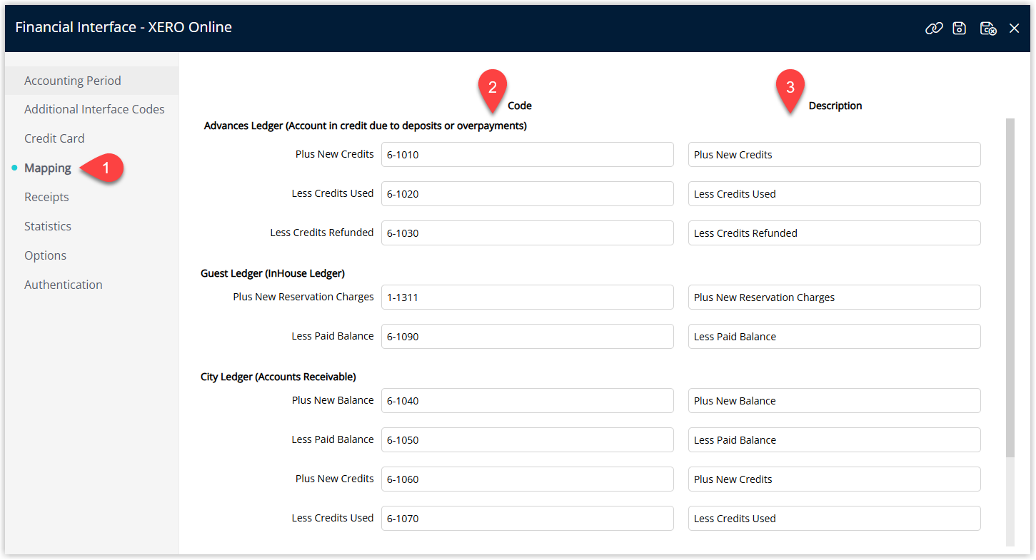 Financial Interface screen in RMS with the ‘Mapping’ tab selected, showing a table where General Ledger Account Codes are entered in the ‘Code’ column and matching Night Audit Descriptions are entered in the Description column for use in the Generic Financial Export.