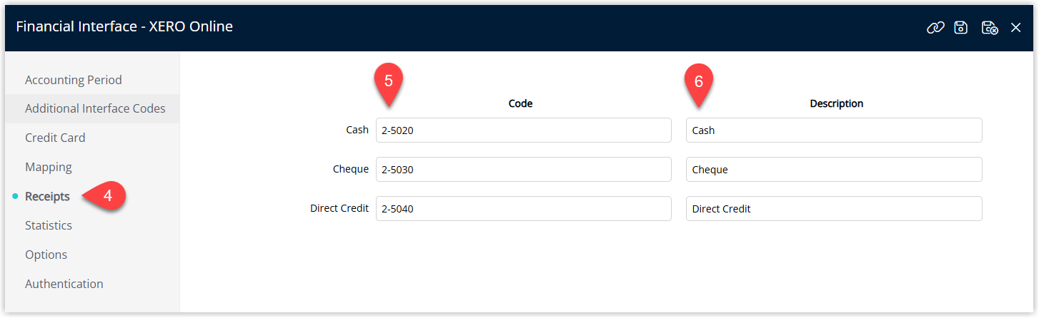 Financial Interface screen in RMS with the ‘Receipts’ tab selected, displaying a list where General Ledger Account Codes are entered in the ‘Code’ column and corresponding Receipt Descriptions are entered for mapping receipt transactions in the Generic Financial Export.