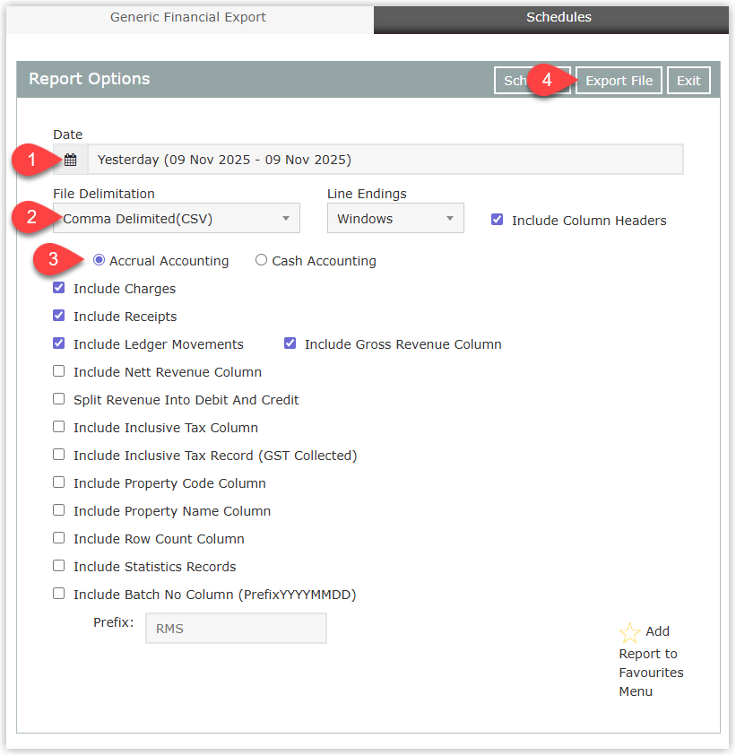 Generic Financial Export screen in RMS showing fields for Date Range, File Delimitation, Accounting Method and optional export settings, with an Export File button to generate the financial export