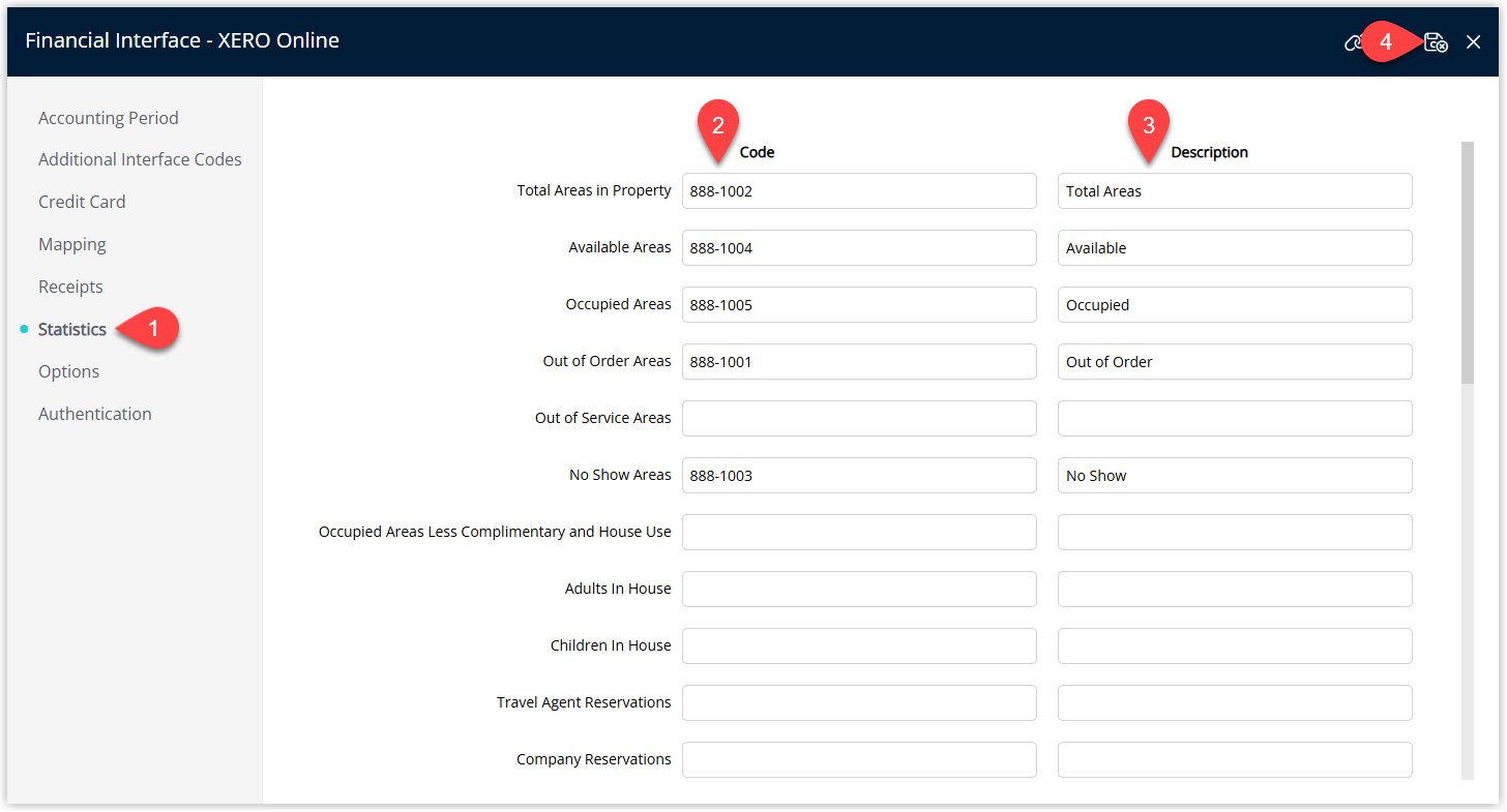 RMS Financial Interface setup window with the Statistics tab selected, showing rows where GL Account Codes from the external accounting system and their corresponding Descriptions have been entered, and the Save/Exit button highlighted to store the statistics mapping for inclusion in the Generic Financial Export.