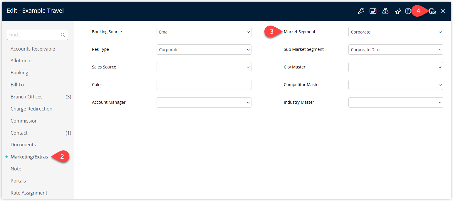 Travel Agent detail screen on the Marketing/Extras tab displaying dropdown fields for Market Segment and optional Sub Market Segment, with a Save/Exit button