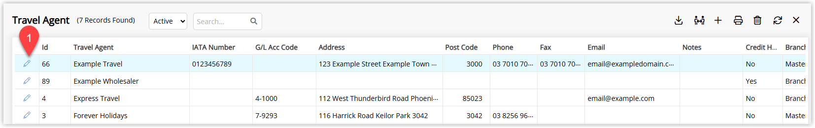 Travel Agent setup list in RMS showing existing travel agents with an Edit icon next to each agent to open their details