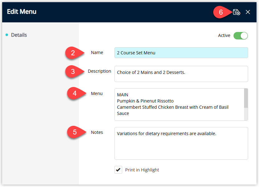 Annotated screenshot of the Edit Menu screen in RMS showing the Name, Description, Menu, and Notes fields