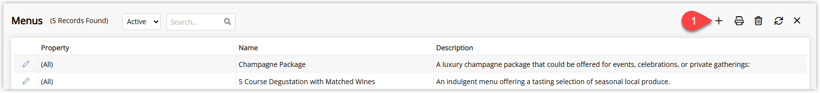 Annotated screenshot of the Menus list in RMS showing event menus with the Add button highlighted