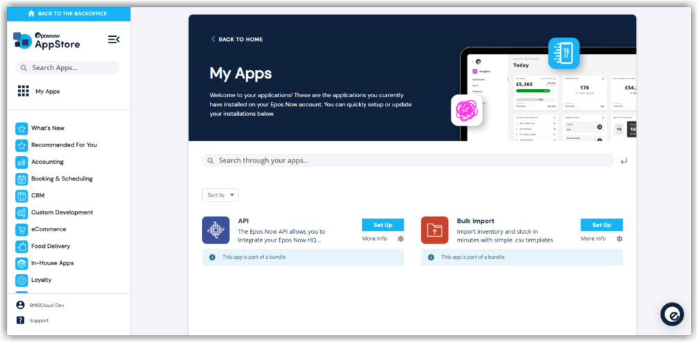 Epos Now back office screen on MyApps > API > Setup, showing the API app details and configuration options.