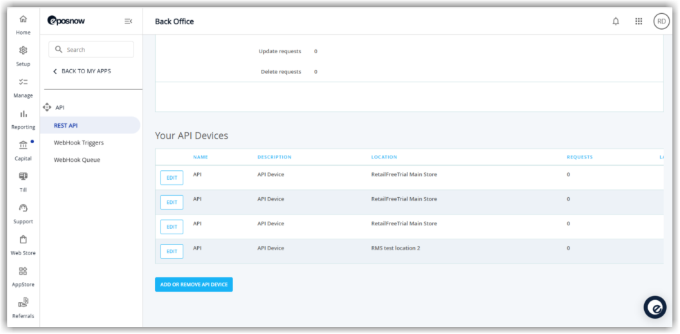 Epos Now API setup screen showing the Your API devices section with options to Add or Remove API device and an Access Credentials link that reveals the API key and secret for use in RMS.