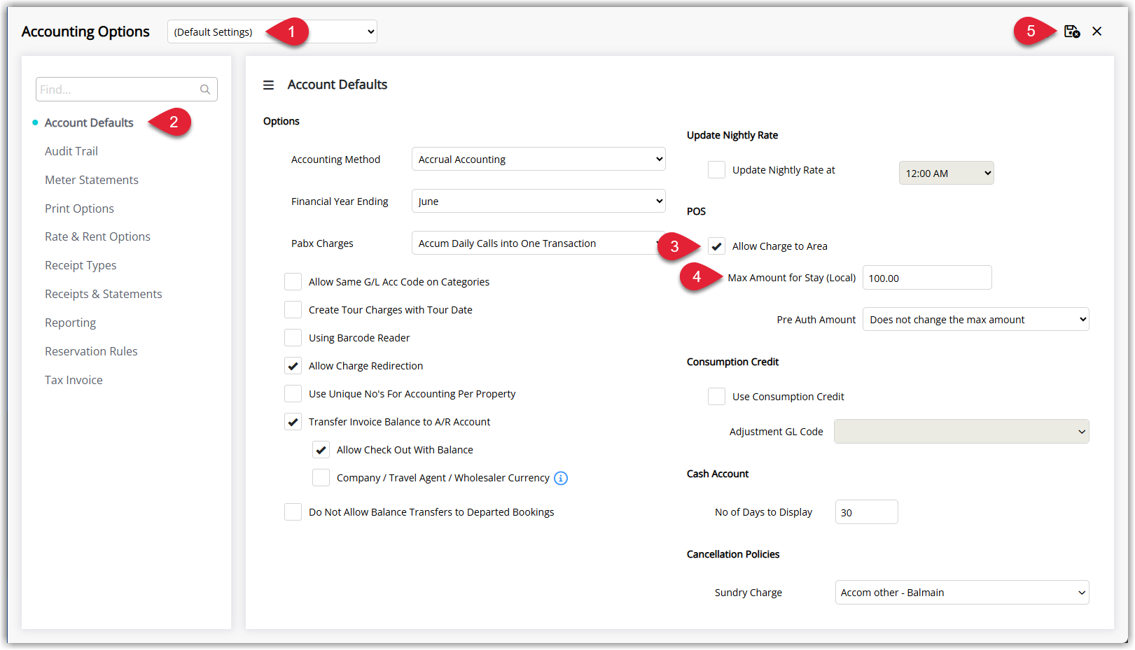 Accounting Options screen in RMS on the Accounting Defaults tab showing the POS section with Allow Charge to Area ticked and optional fields for Max Amount for Stay and Pre Auth Amount, plus a Save/Exit button.