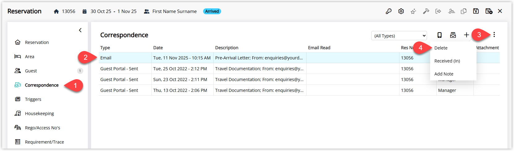RMS Reservation window on the Correspondence tab, showing a list of sent form letters with one correspondence record highlighted, the Options menu opened, and the Delete option selected to remove the sent record from the reservation (with the action still recorded in the Reservation Audit Trail).