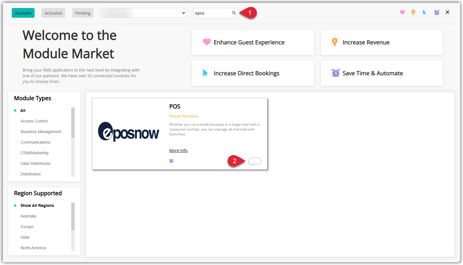 RMS Module Market screen with the Epos Now module tile visible and an activation toggle switched on to enable the integration.