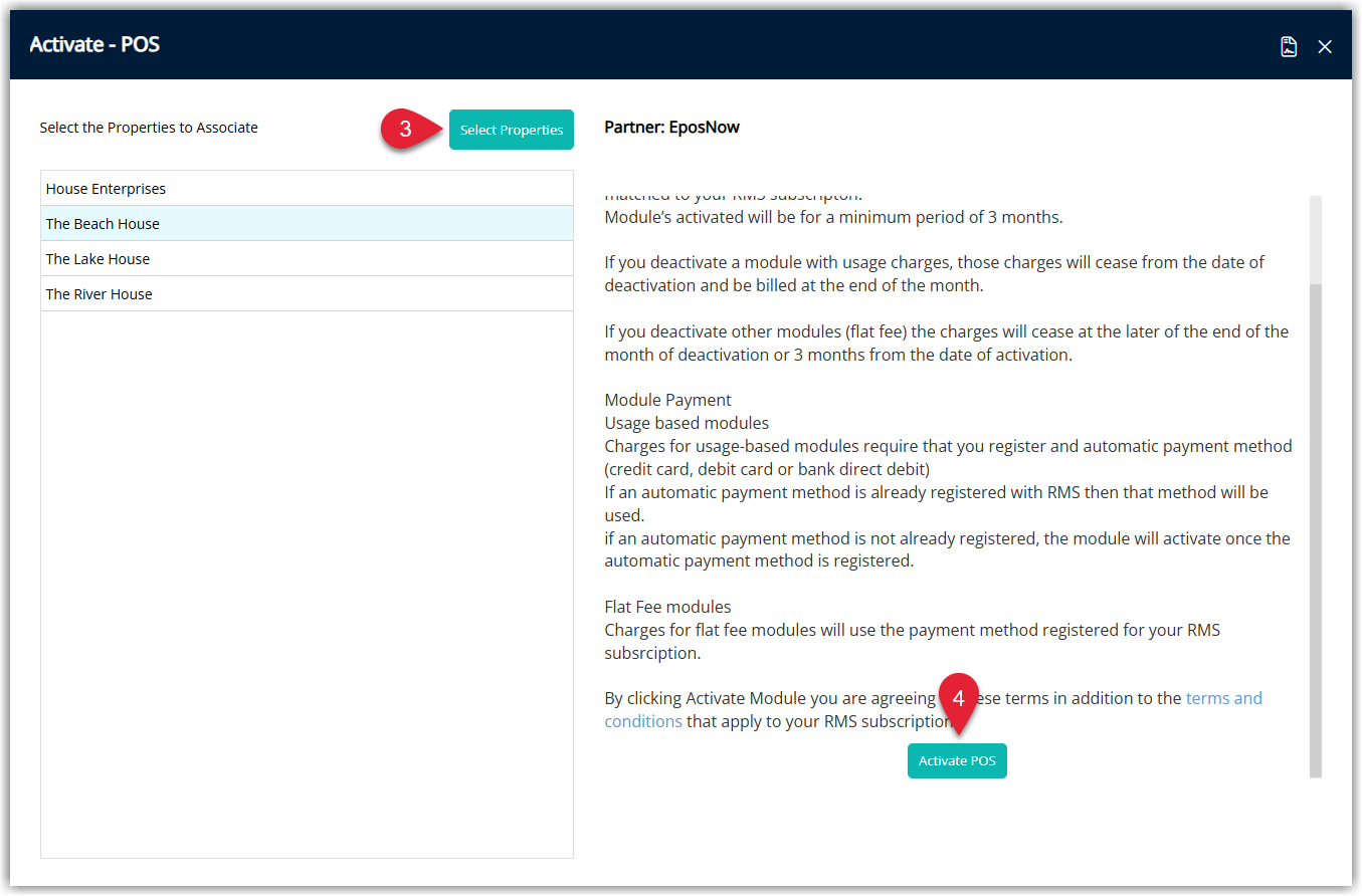 Epos Now module details screen in RMS showing a Property selector and an Activate POS button at the bottom to turn on the POS integration for that property.