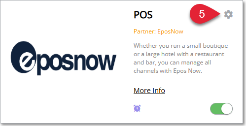 RMS Module Market showing the Epos Now module tile with a settings (gear) icon highlighted to open module configuration.