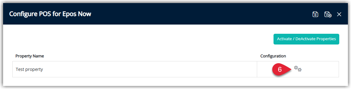 Epos Now module configuration page in RMS with a settings (gear) icon under the Configuration section used to edit API connection details.