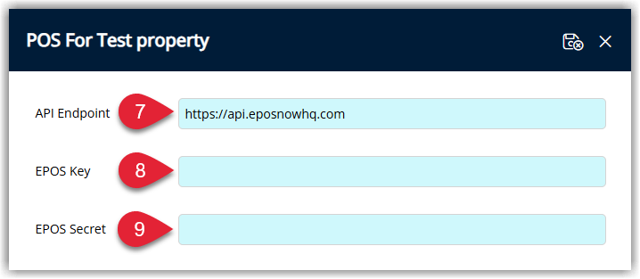 Epos Now configuration screen in RMS showing fields for API Endpoint (https://api.eposnowhq.com), EPOS Key, and EPOS Secret, with Save options to establish the connection.