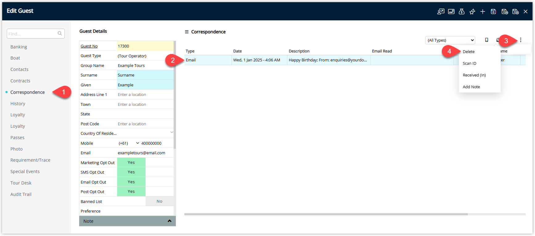 RMS Guest Profile Correspondence tab showing a correspondence record selected, the Options menu open, and the Delete option chosen to remove the sent correspondence record.