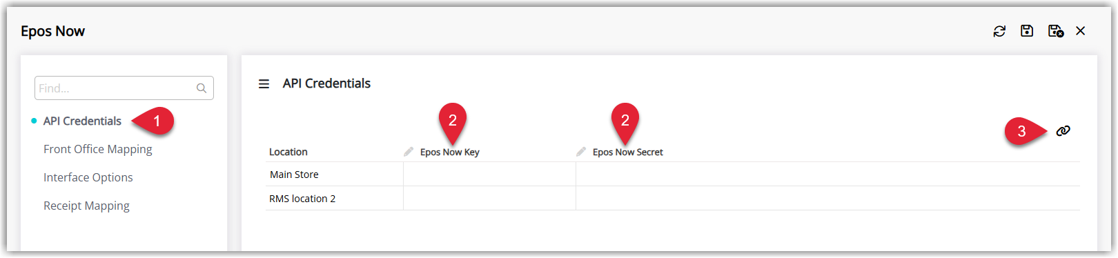 Epos Now integration screen in RMS on the API Credentials tab showing fields for Key and Secret, and a Connect Locations button with a chain-link icon to sync Epos Now locations into RMS.