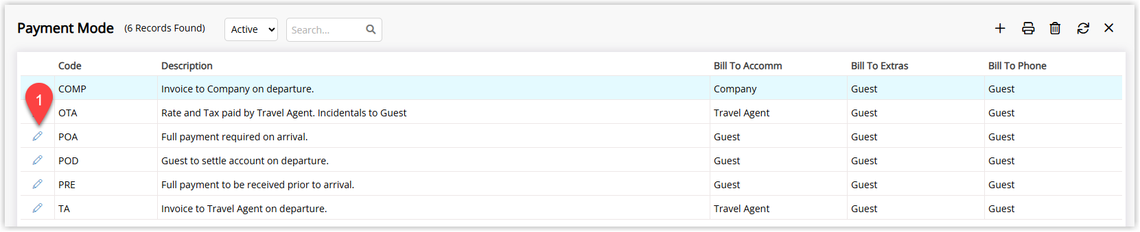 Payment Modes setup screen in RMS listing existing payment modes (e.g. Cash, EFTPOS, Credit Card) with one payment mode highlighted and an Edit button or icon selected to modify its settings