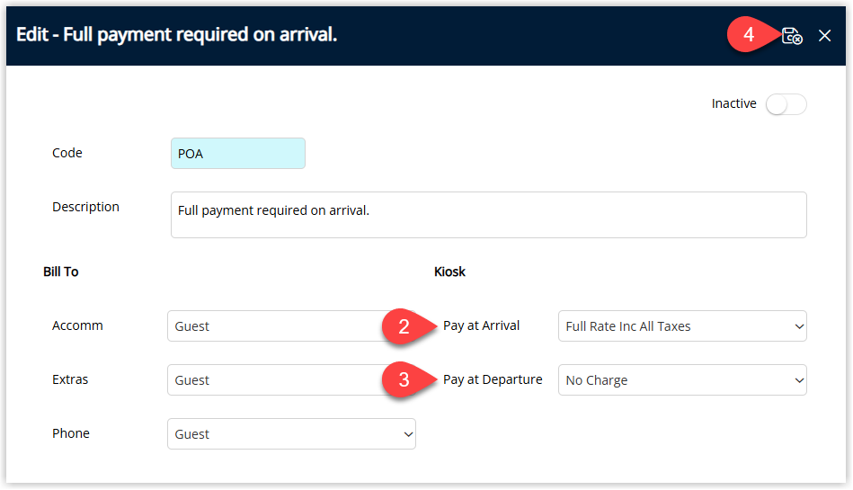 Payment Mode detail window showing fields for Kiosk Arrival and Kiosk Departure options with dropdowns or checkboxes to define how this payment mode is used on the Ariane Kiosk, and a Save/Exit button to apply the changes