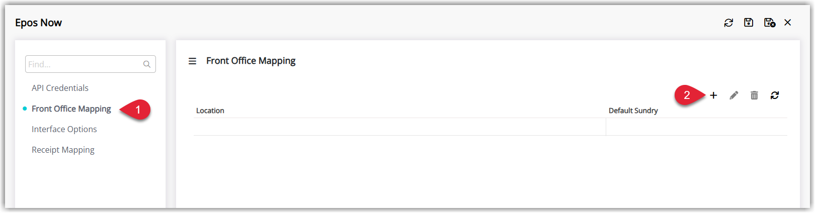Epos Now integration screen in RMS on the Front Office Mapping tab showing an empty or existing list of Revenue Centre mappings with a + button to add a new mapping.