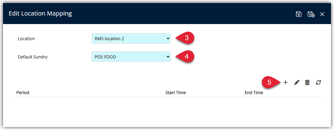 Front Office Mapping configuration in RMS showing a selected Location, a Default Sundry dropdown, and a + button for adding one or more service period mappings.