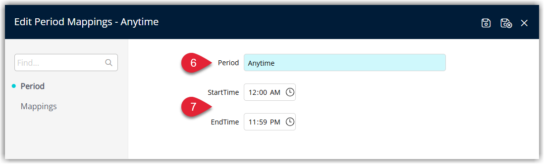 Service period setup window in RMS showing fields for Description (for example “All Day” or “Breakfast”) and Start Time and End Time for the Epos Now revenue centre.