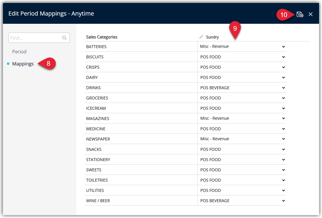 Epos Now Mappings tab in RMS displaying a list of Epos Now Sales Categories with dropdowns to assign the corresponding RMS Sundry items, plus a Save/Exit button.