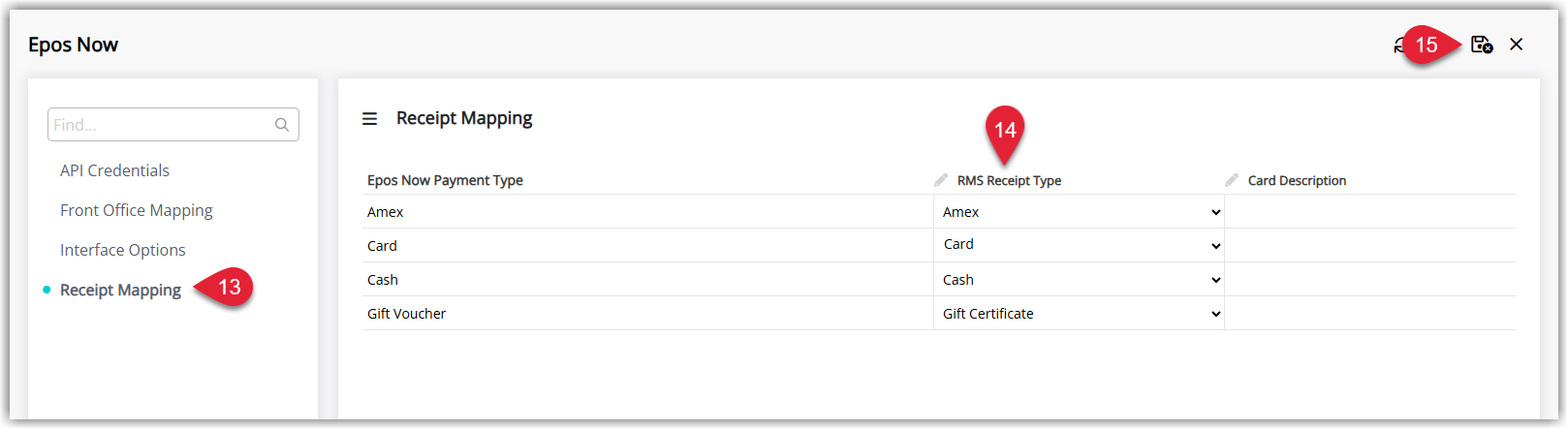 Epos Now Receipt Mapping screen in RMS showing a table of Epos Now Payment Types matched to RMS Receipt Types, with an optional Card Description column and a Save/Exit button.