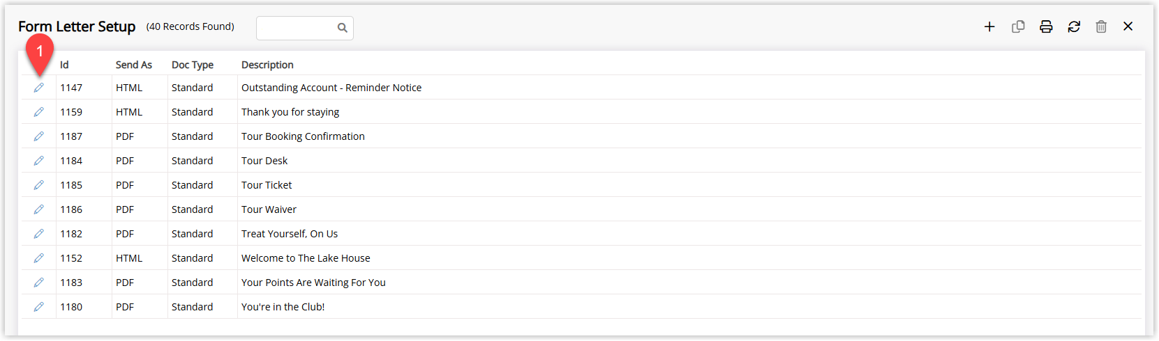 Form Letters list in RMS showing multiple templates with one form letter highlighted and the Edit option selected to open the letter for editing