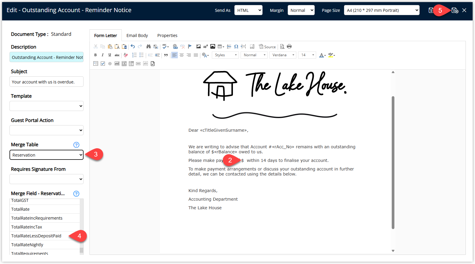 Form Letter editor in RMS with the text cursor positioned in the letter body, the Merge Table dropdown set to 'Reservation' and the merge field 'TotalRateLessDepositPaid' selected from the list, ready to be inserted into the template, with a Save/Exit button to store the changes
