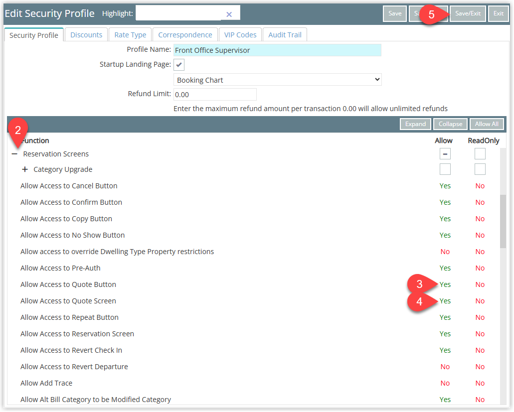Screenshot of the Security Profile edit screen in RMS with the Reservation Screens function group expanded, showing the functions Allow Access to Quote Button and Allow Access to Quote Screen both set to Yes, and the Save/Exit button highlighted to apply the changes.