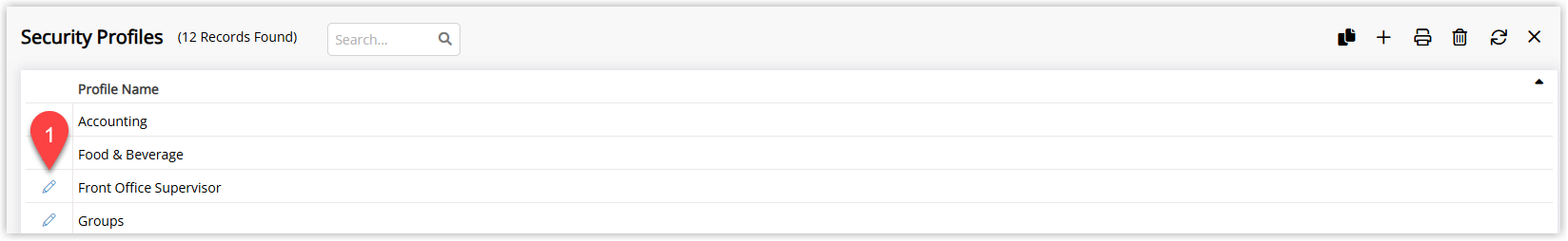Screenshot of the Security Profiles list in RMS with one Security Profile highlighted and the Edit icon/button selected to open it for editing.