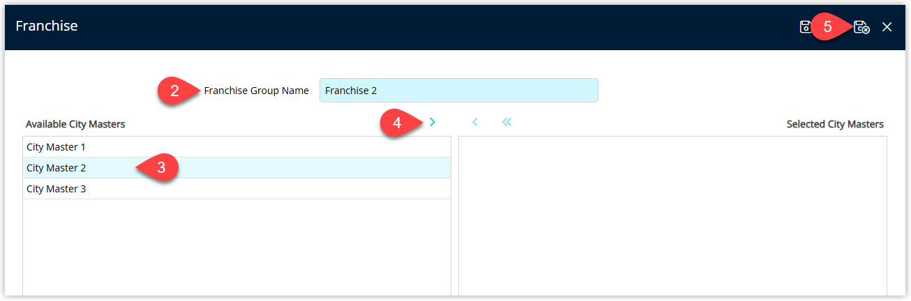 Screenshot of the Franchise Group details screen in RMS showing fields to enter the franchise group name, code and other configuration details.