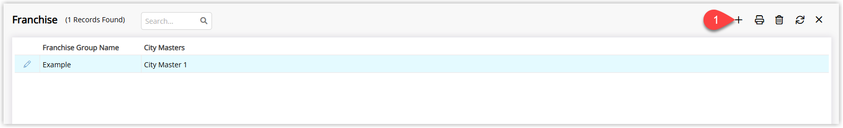 Screenshot of the Franchise Group setup screen in RMS showing the Add button used to create a new franchise group record.