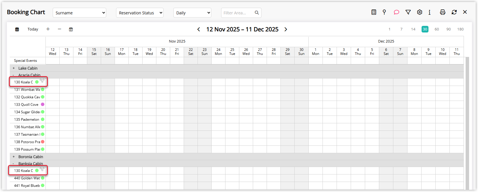 Screenshot of the Booking Chart in RMS showing an Area with an icon indicating that it belongs to multiple categories.