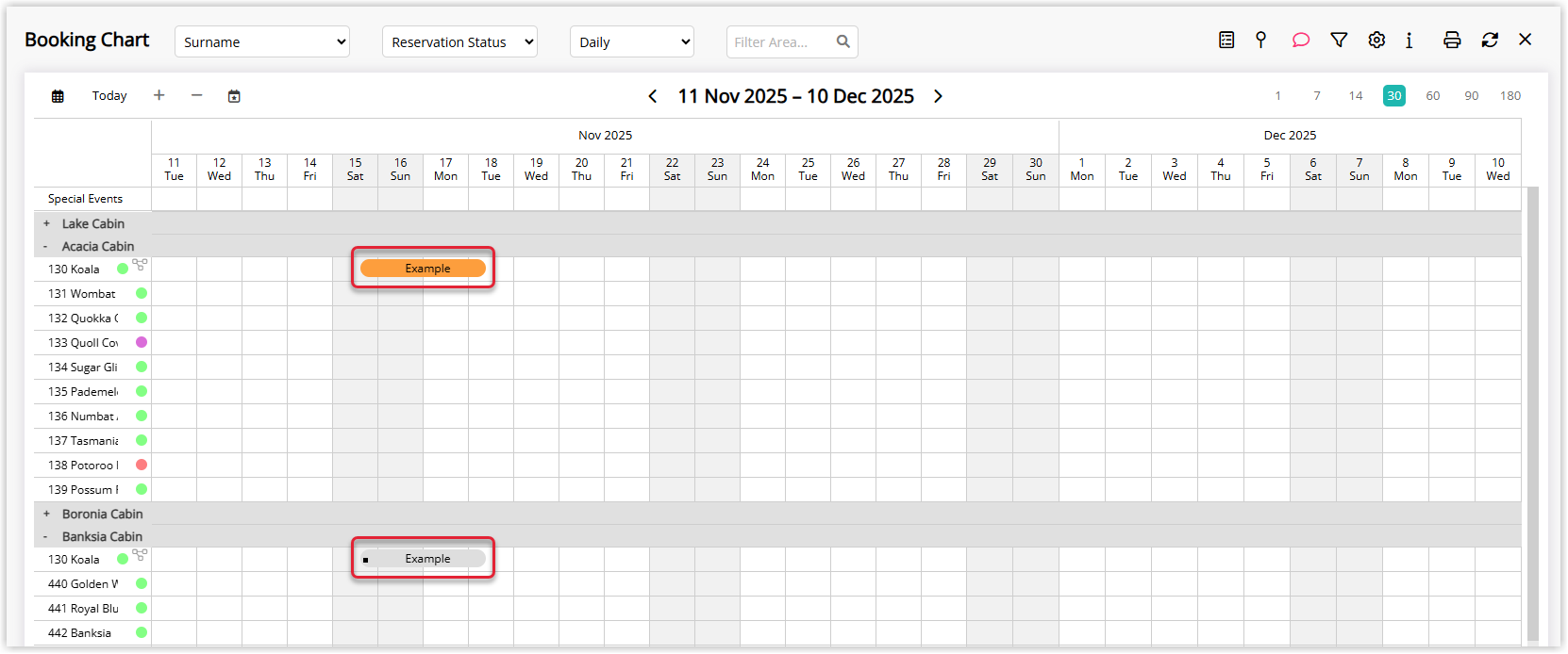Booking Chart showing reservations on an Area that is linked to multiple categories, illustrating how bookings appear when an Area can be sold under more than one category.