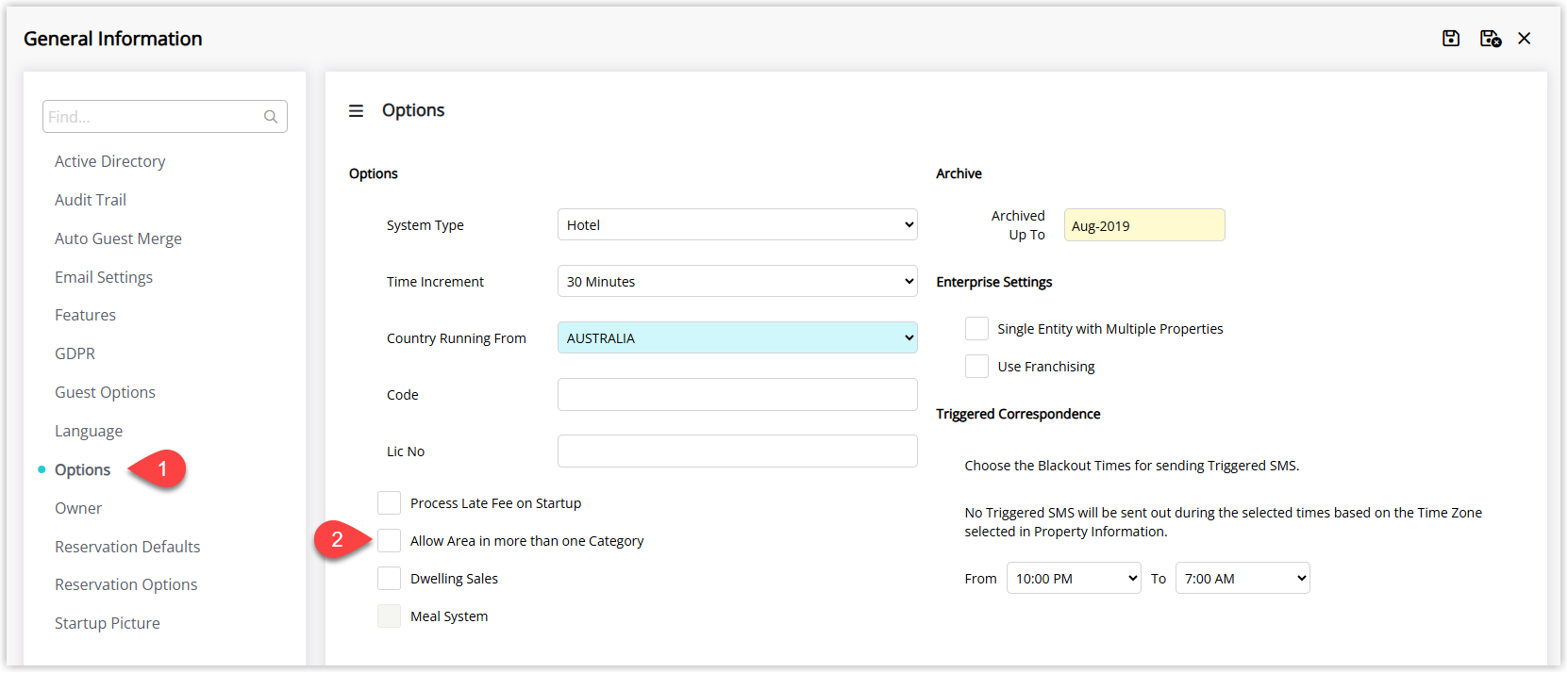 Screenshot of the General Information setup screen in RMS with the Allow Area in More Than One Category checkbox option visible.
