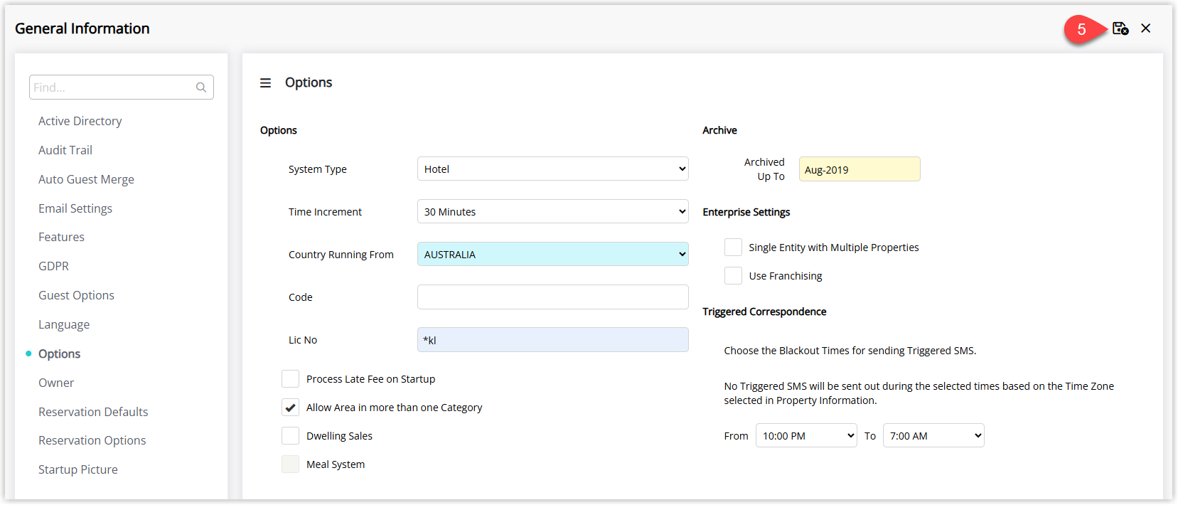 Screenshot of the General Information screen with the Save/Exit button highlighted to save the Allow Area in More Than One Category setting.